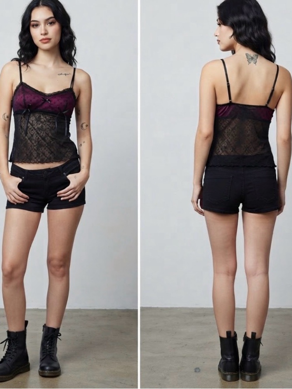 Vintage Whispers black & plum mesh lace slip cami / M 🖤✨